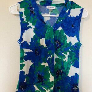 Calvin Klein Blue and Green Floral Blouse Shell XS
